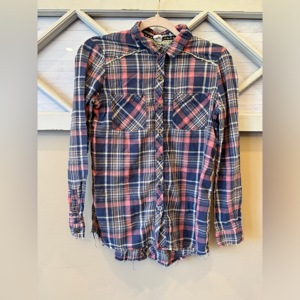 We The Free People Shirt Petite Small Boho Park Ranger Plaid Button Up Blue Pink